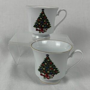 Set of 2 Vintage Sea Gull Fine China White Christmas Tree with Gold Trim Teacup